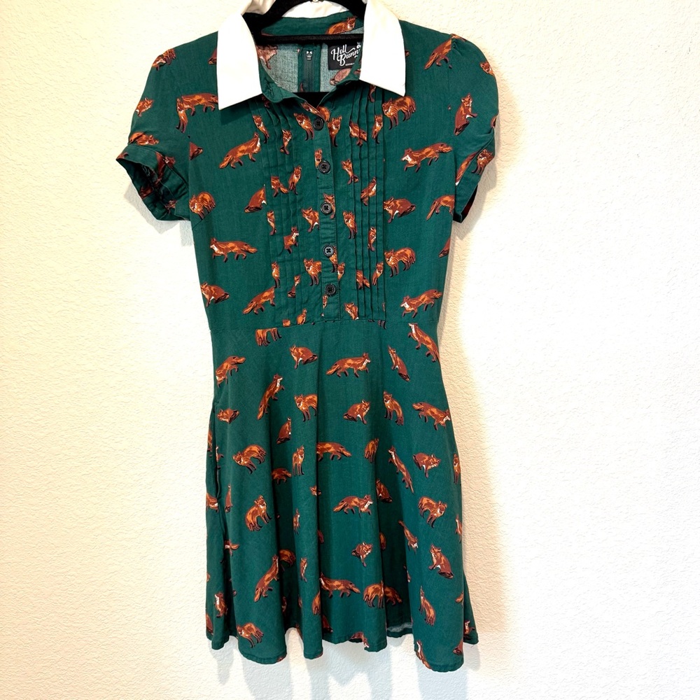 Hell Bunny Green Fox Print Collared Dress – Size S